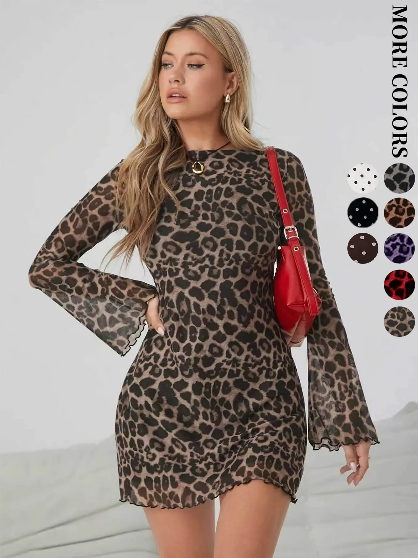 Women's Leopard Print Long Sleeve Slim Fit Dress, Elegant Ruffle Hem Short Skirt, Bodycon Mesh Sleeves, All Seasons Fashion