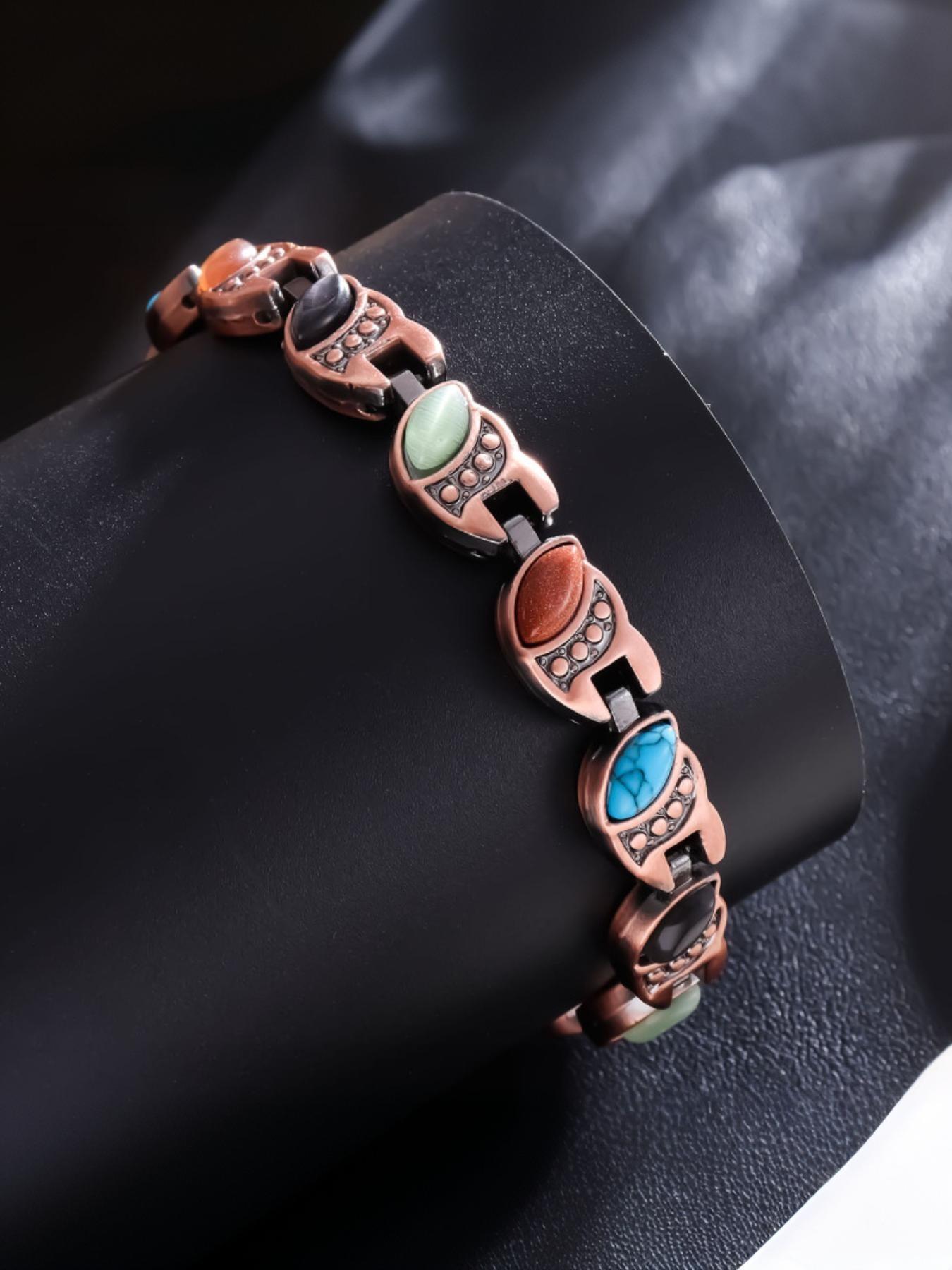 Women's Copper Bracelet, Magnetic Stone Bangle, Vintage Geometric Alloy Jewelry, Casual Fashion Gift, Includes Adjuster and Box