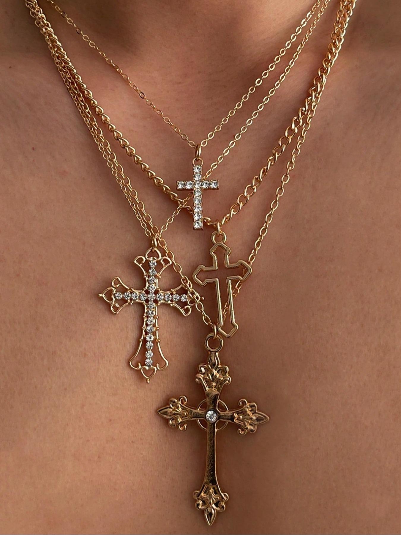 4 Piece Hip Hop Punk Rhinestone Cross Chain Design Pendant Necklace Set, Multi-Layer Stacked Wear, Trendy Personalized Jewelry for Men and Women 4 Piece Hip Hop Punk Rhinestone Cross Chain Design Pendant Necklace Set, Multi-Layer Stacked Wear, Trendy Personalized Jewelry for Men and Women