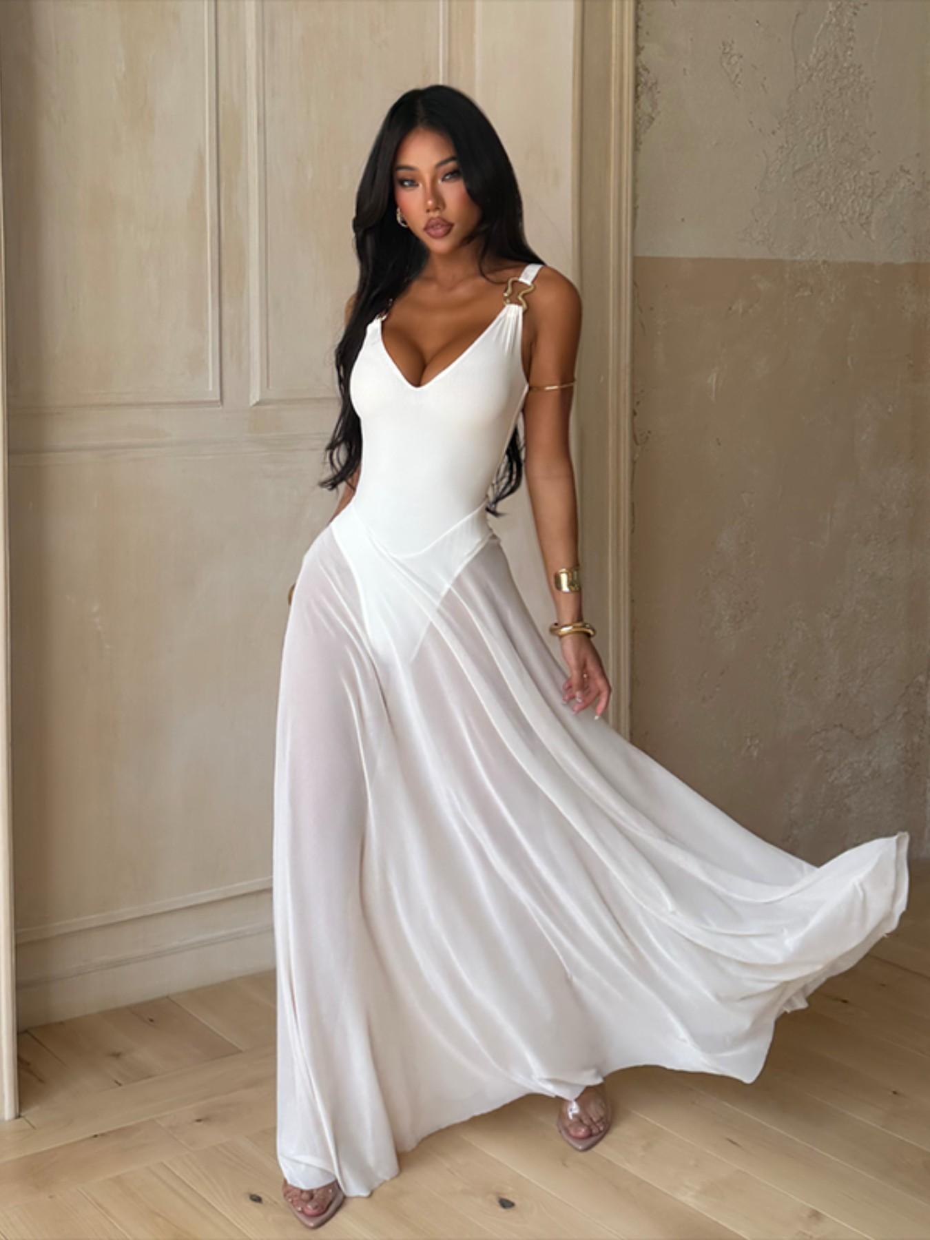 Women's Plain Minimalist Deep V Neck Tulle Sheer Cami Lightweight Fit Dress, Elegant Chic Sleeveless Maxi Women's Plain Minimalist Deep V Neck Tulle Sheer Cami Lightweight Fit Dress, Elegant Chic Sleeveless Maxi