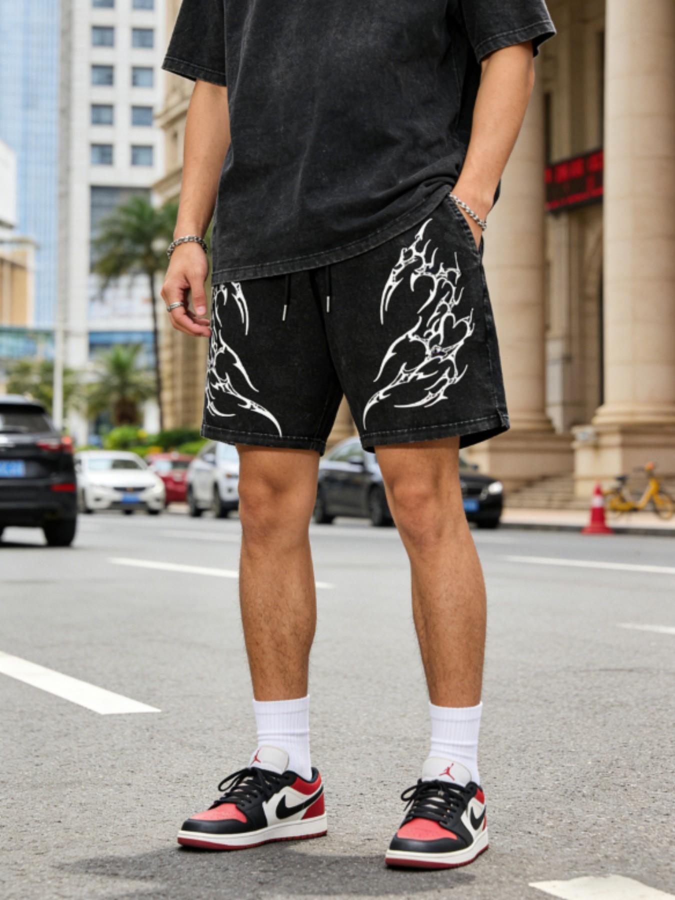 Black Vintage Wash Tribal Flame Print Denim Shorts Men Women, Y2K Streetwear Casual Drawstring Jeans Shorts, Gothic Heart Tribal Bottoms