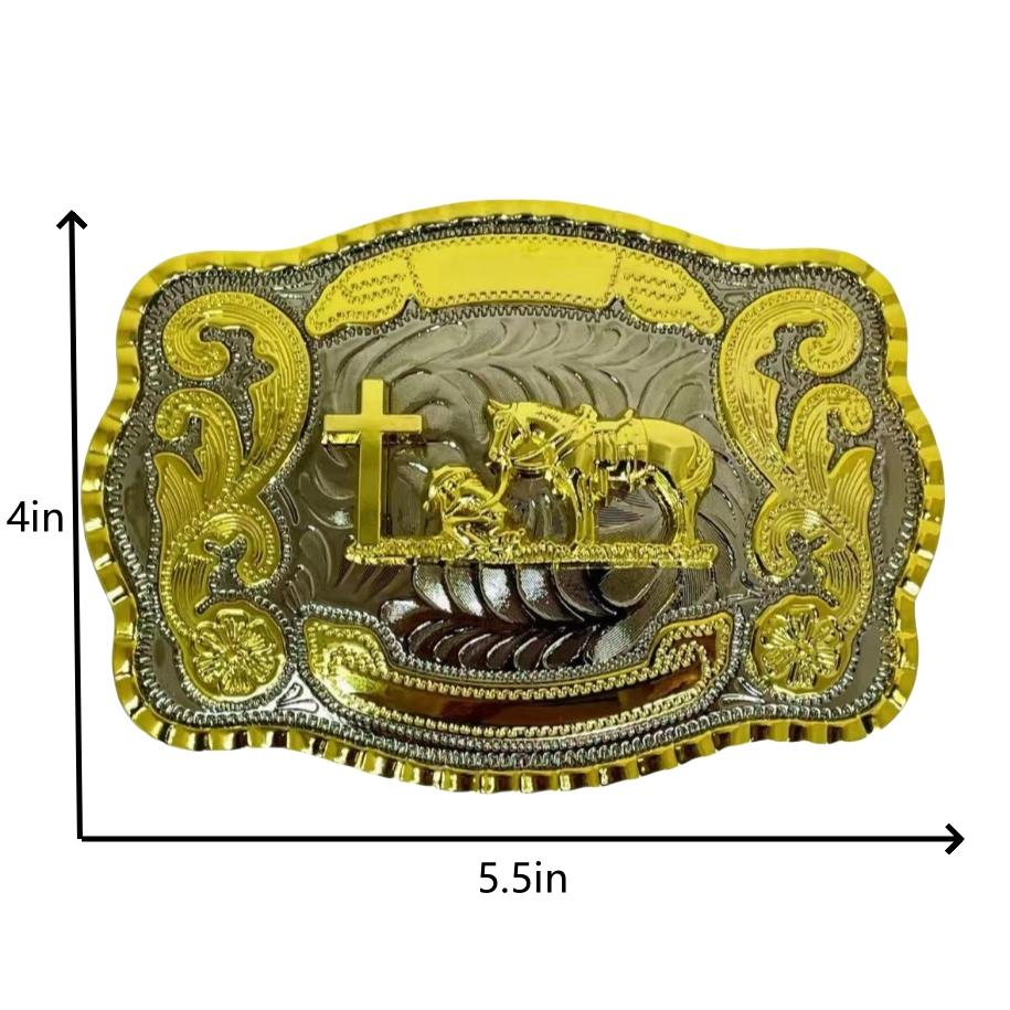 Western cowboy cross belt buckle, featuring a detailed praying cowboy and Mexican eagle motif, designed for unisex belts in rodeo style