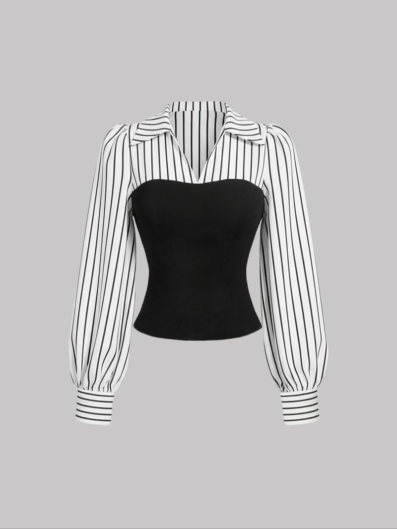 Women's Fall New Simple Style Bubble Sleeve Lapel Striped Colorblock Fitted Top Elastic Waist Loose Long Pants Set