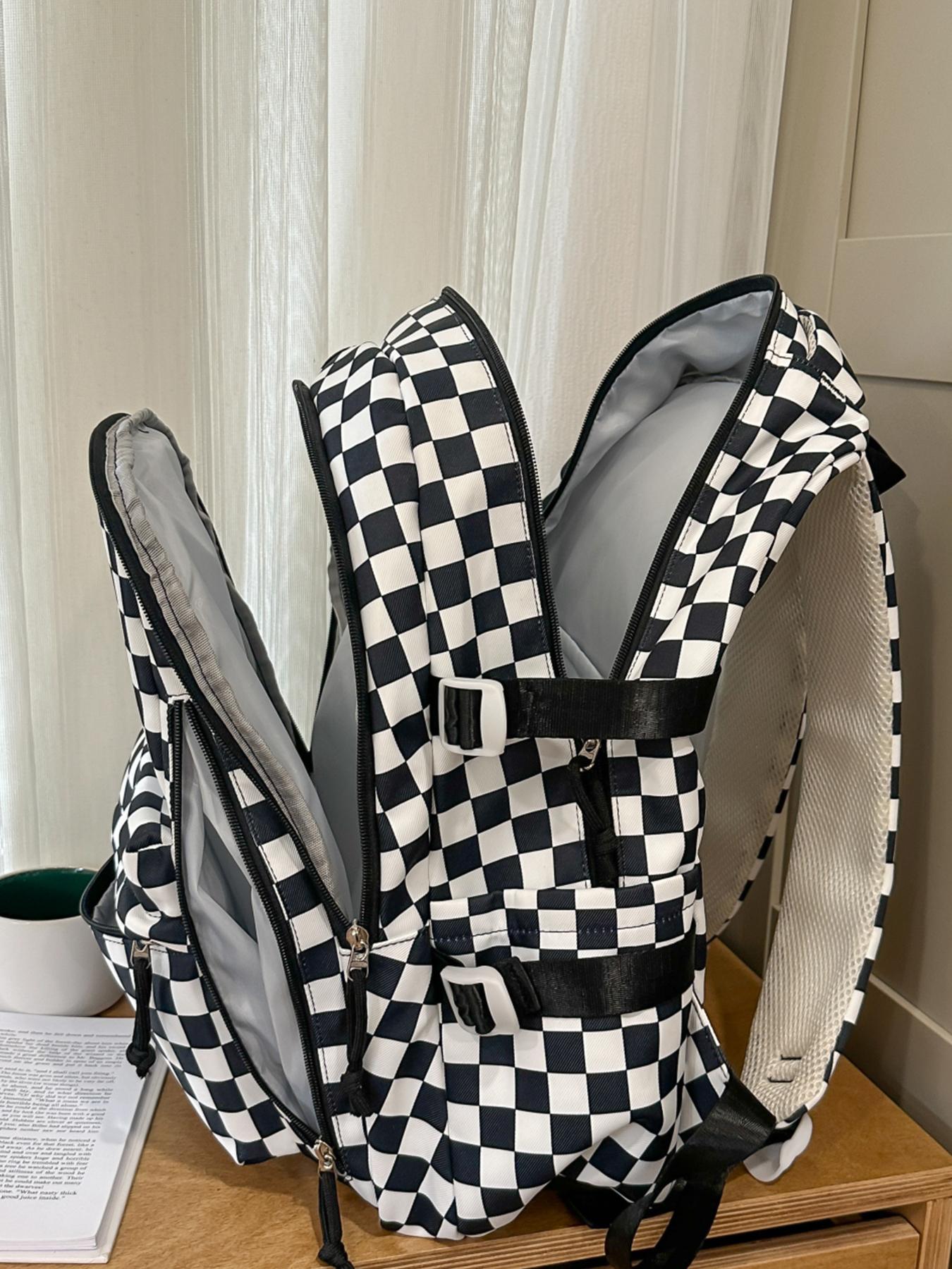 1pc  Women's backpack with large capacity, zipper closure, checkered pendant, fashionable and versatile, suitable for students to go to school, campus, go to work, commute, women's backpack, Plaid Pattern Backpack