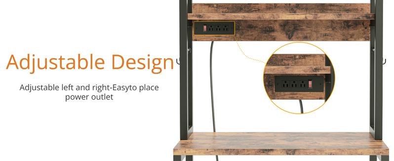 IRONCK Bakers Rack with Power Outlet, Microwave Stand with Storage, Coffee bar with 9 Hooks, 5 Tier Large Storage Capacity and Strong Metal Material for Kitchen, Vintage Brown Easy to Assemble