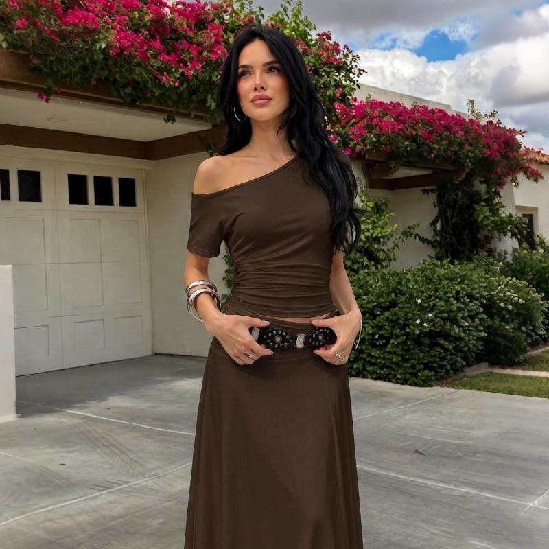 Women's Two-piece Set, Clothes, Solid Color One Shoulder Ruched Short Sleeve T-shirt Top & Bodycon Irregular Hem Long Skirt, Sexy Strapless Backless Tees Crop Top with Ruffles Skirts, Ladies Party Club Date Daily Casual Summer Outfits