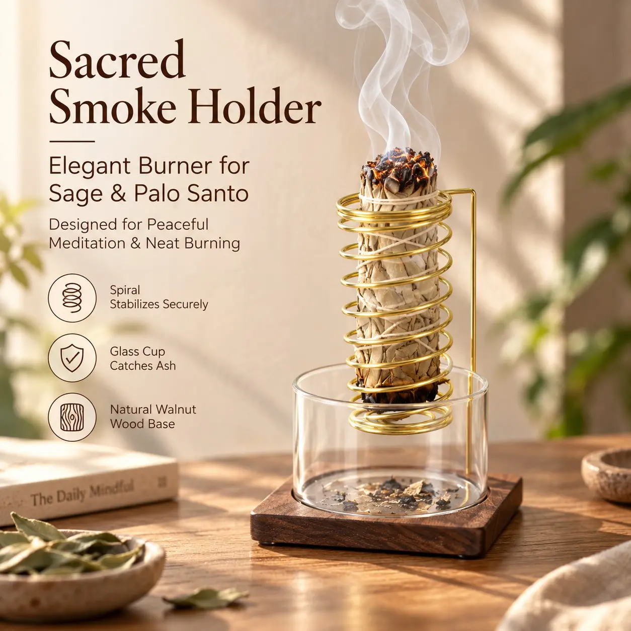 Metal Palo Santo Burner Stand with Glass Ash Tray, Sage Holder for Meditation Yoga Spa, Aromatherapy Incense Stick Holder, Fragrance Scented Incense, Incense Dish, Woody