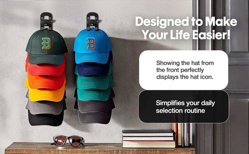 Hat Hook for Wall 2 Pack Hat Organizer Holds Up to 20 Hats with Strong Adhesive and 8 Screws Cap Holder for Closet Door and Bedroom B-Black - Decor Key Hook Wall Mounted Shelf