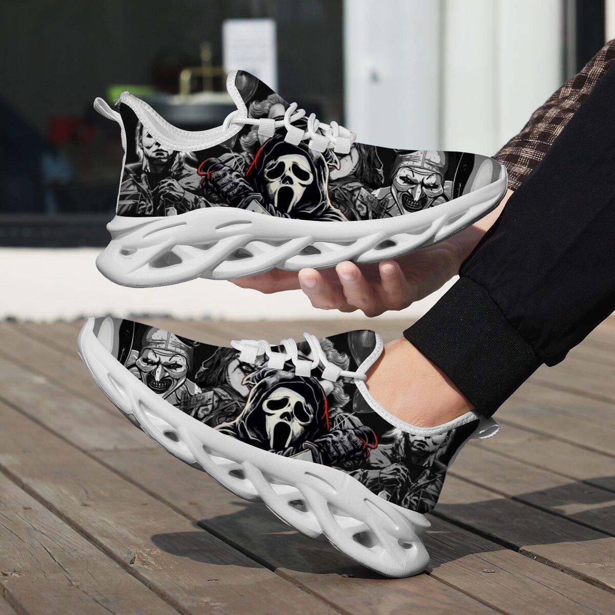 Halloween Dark Horror Mask Character Art Blade Sneakers Man Woman Hollow Wave Cushion Sole Mesh Running Shoes Monochrome Thriller Figure Collage Print Gothic Halloween Punk Casual Athletic Trainers For Men Women