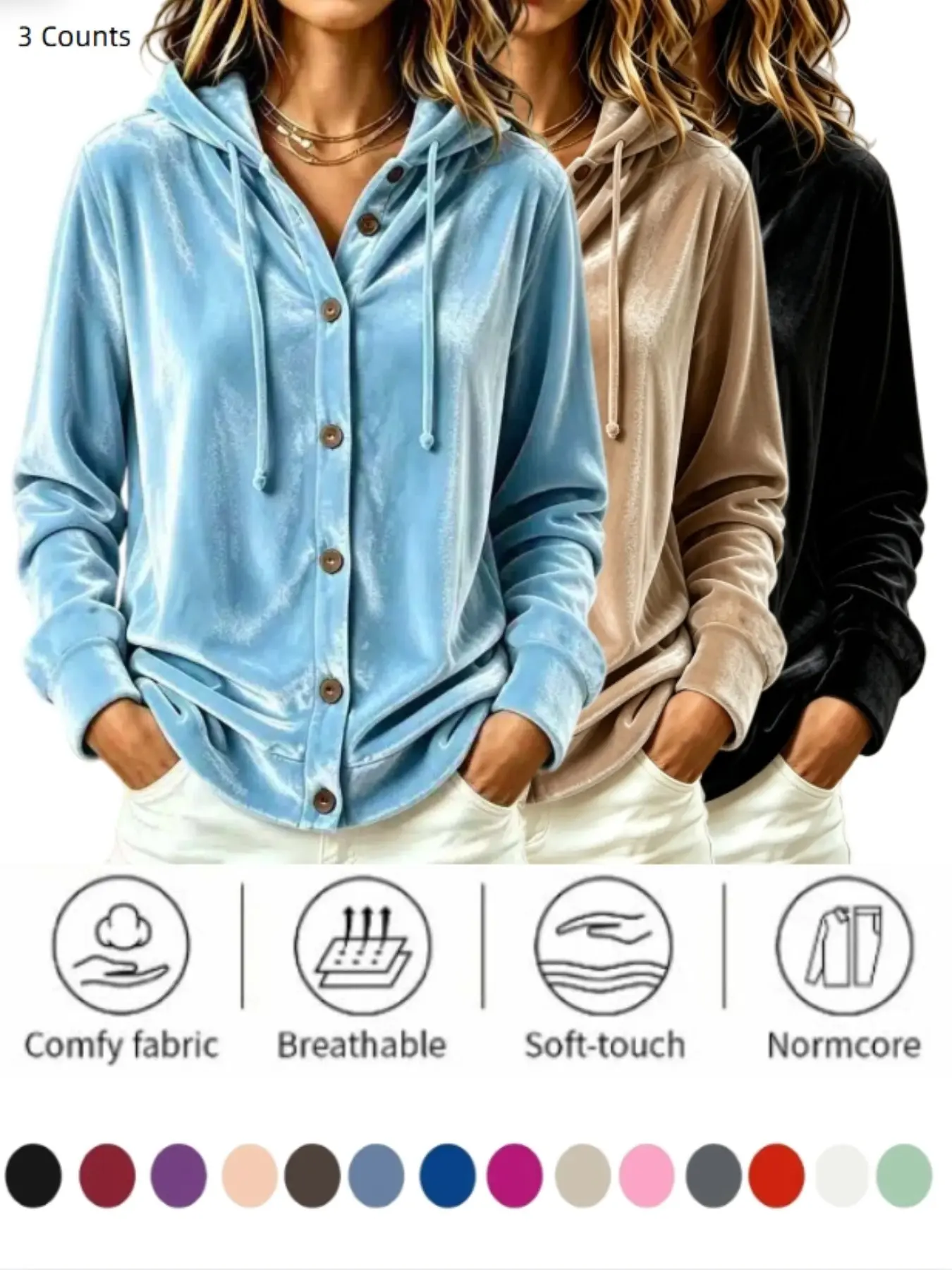 Women 1/3 piece Velour Fabric Button Front Drawstring Hoodie Elastic Cuff Loose Fit Casual Daily Long Sleeve Outerwear
