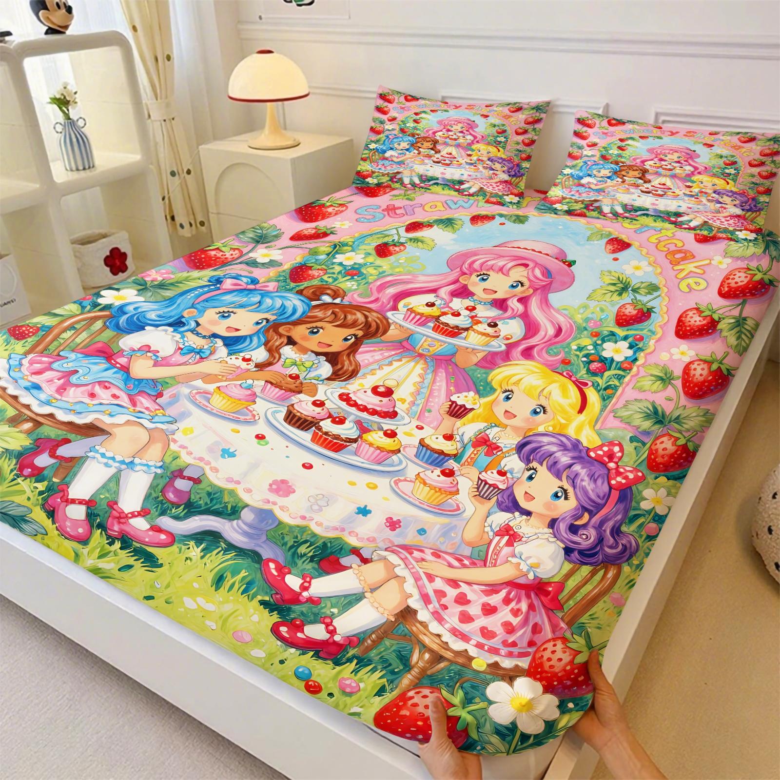 Strawberry Sweetheart Fitted Sheet Set and 2 Pillowcases No Core, Bright Colors, Watercolor Style Characters Collection, Soft Anti-Slip Wrinkle-Resistant, Fairy-Tale Girls Room, Kids Room Decor, Gift Idea