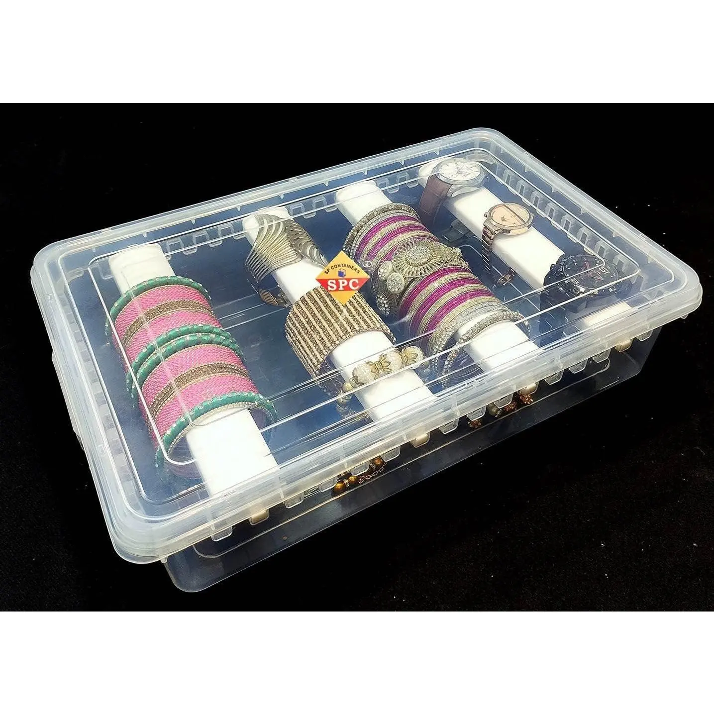SPC Plastic Adjustable 4 Rod Bangle Box Chudi Set Organizer Jewellery Storage Display Box for Chudi Bracelet Wrist Watch Hair Bands Scrunchies Accessories, Transparent, 25 X 38 X 9 Cm