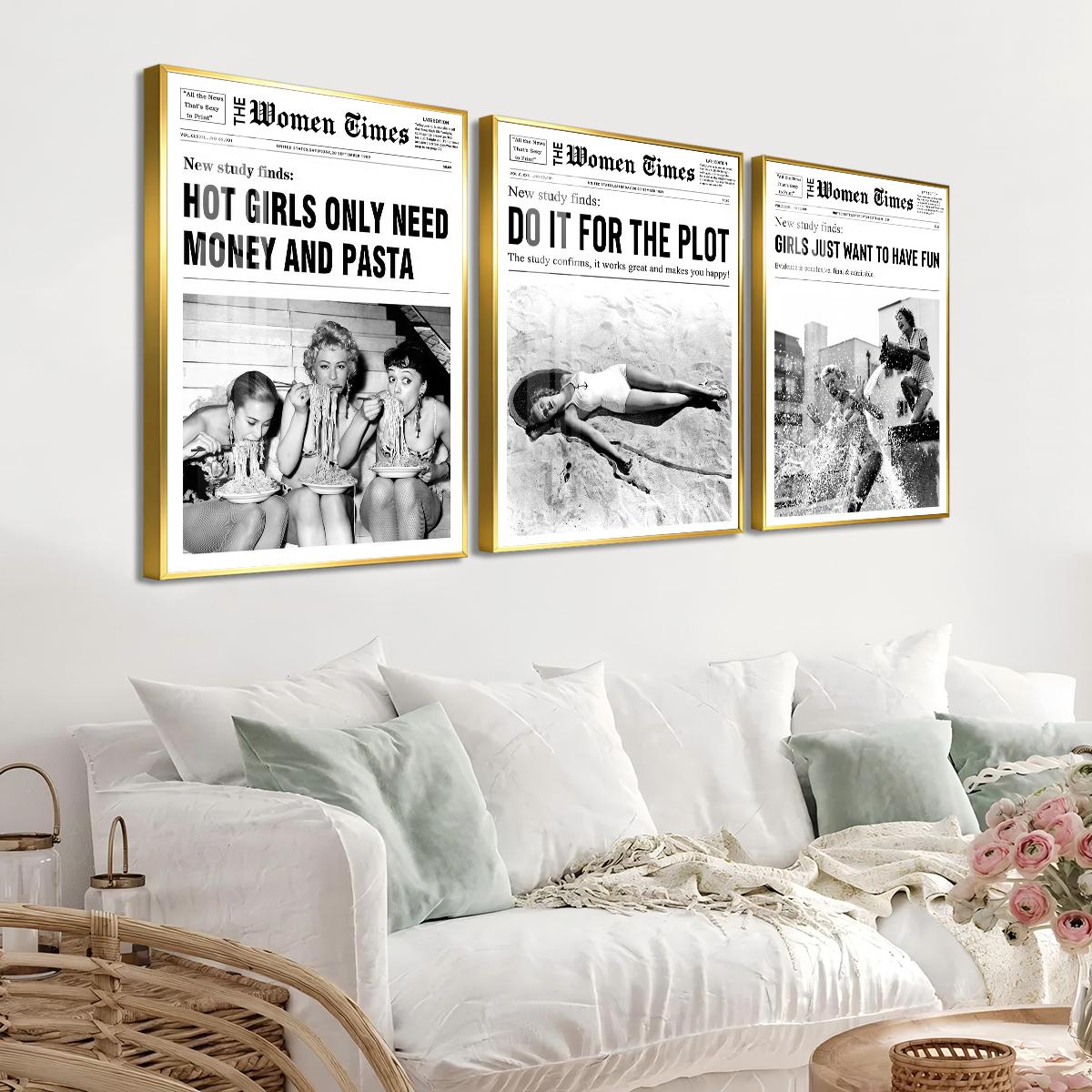 3 Counts Aluminum Alloy Framed Painting, Vintage Women Newspaper Poster Set, Home Decoration For Living Room, Bedroom, Office, Restaurant, Hallway Wall Decor, Odorless Print Artwork, Luxury Perfect Gift For Friends And Family