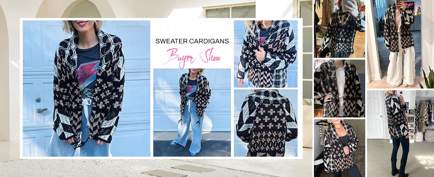 SCUSTY Women's Autumn Sweater Cardigans Graphic Button Down Collar Knitwear Long Sleeves Y2K Oversized Print Coat