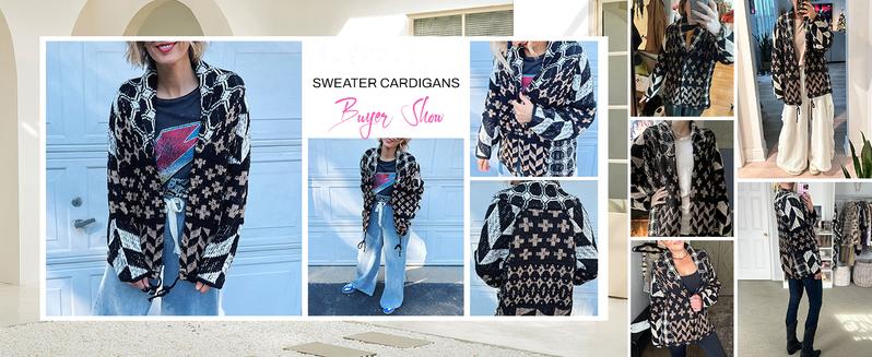 SCUSTY Women's Autumn Sweater Cardigans Graphic Button Down Collar Knitwear Long Sleeves Y2K Oversized Print Coat
