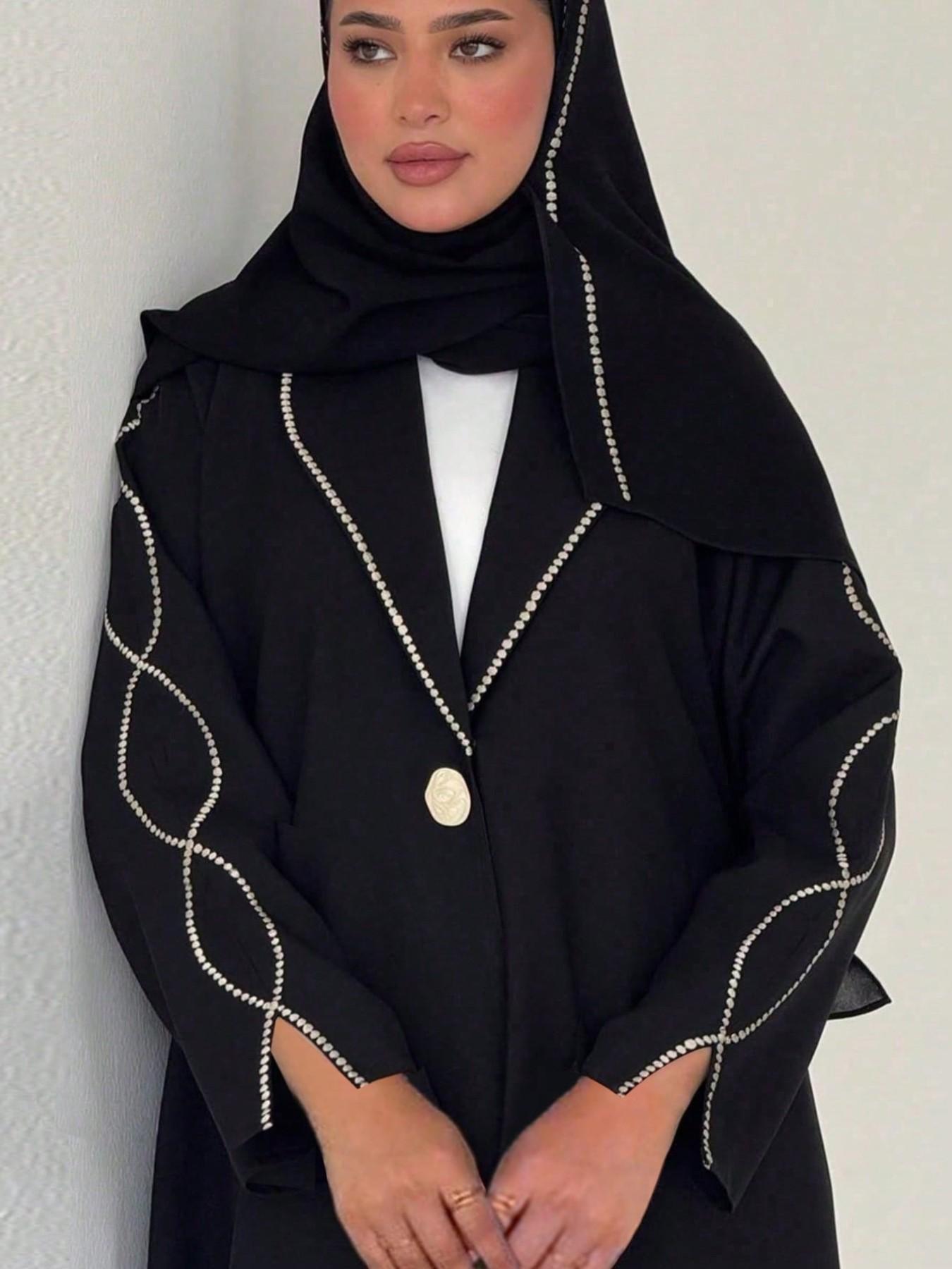 Hafizah Suit Collar Embroidered Long Collared Cover Up Cardigan Scarf Set, Lightweight Luxury Flowy Casual Women's Outerwear, Two-Piece Set