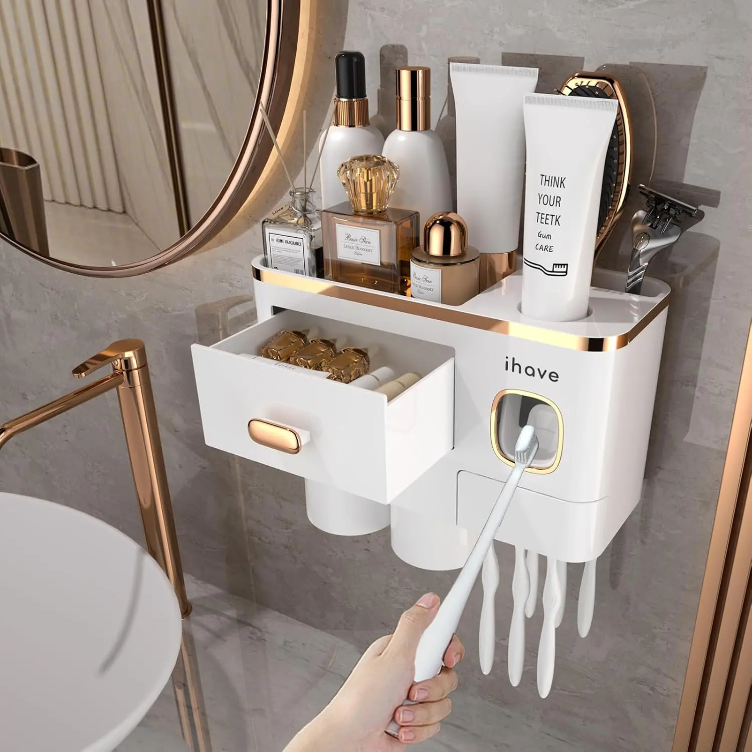 Wall Mount Waterproof Minimalist Modern Compact Plastic Composite Toothbrush Holder Set for Bathrooms - White & Gold Decor, Solid Finish, Toothpaste Dispenser, 2 Cups, 6 Slots, Tray, Drawer, Organize Items