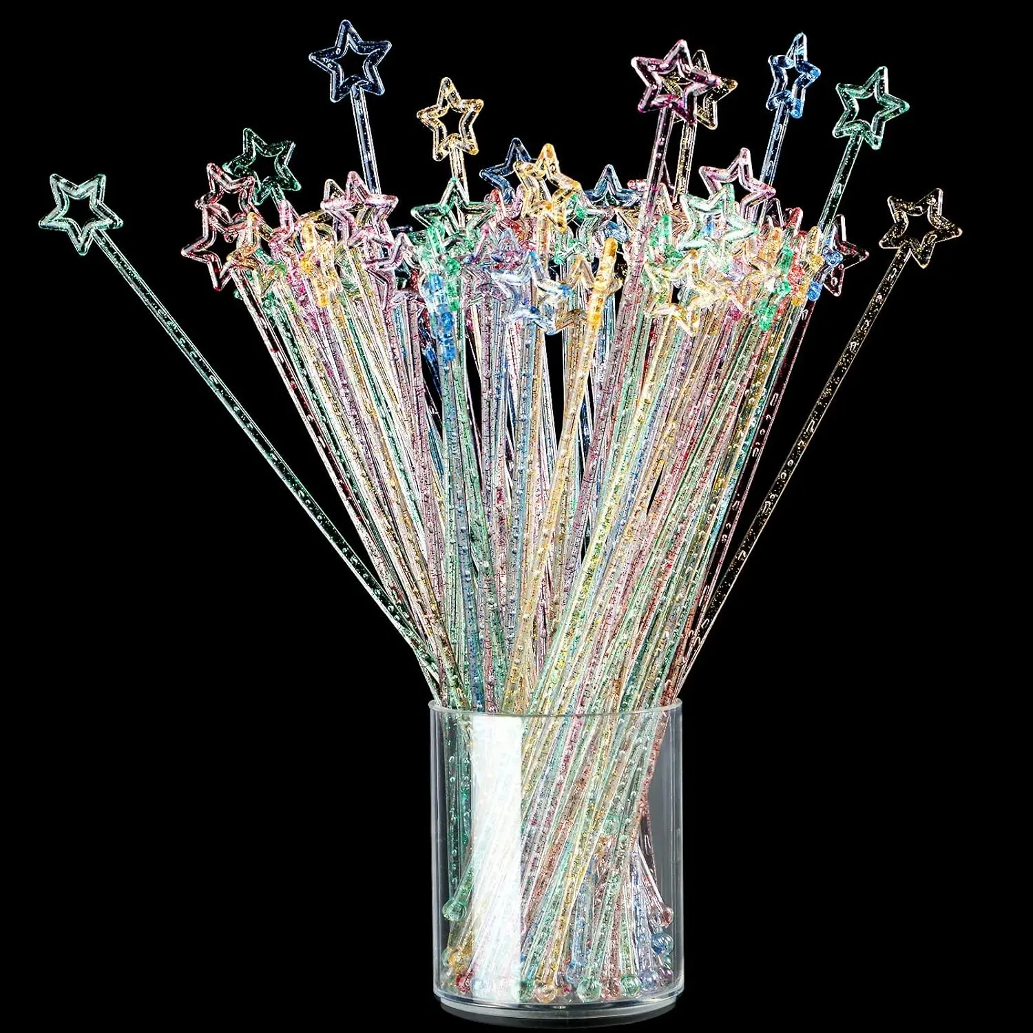 100 Pieces 9.1 Inch Swizzle Sticks Cocktail Stirrers Plastic for Bar Disposible Plastic Star Top Crystal Swizzle Sticks for Cocktail Party(Glittery Mixed Color)