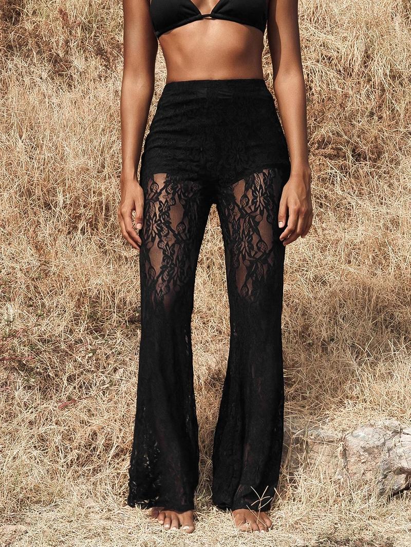 Valentine's Day Women's High Waist Lace Knit Pants, Sexy Transparent Design, Flare Leg, Elegant Ladies' Fashion, Perfect for Daily Wear