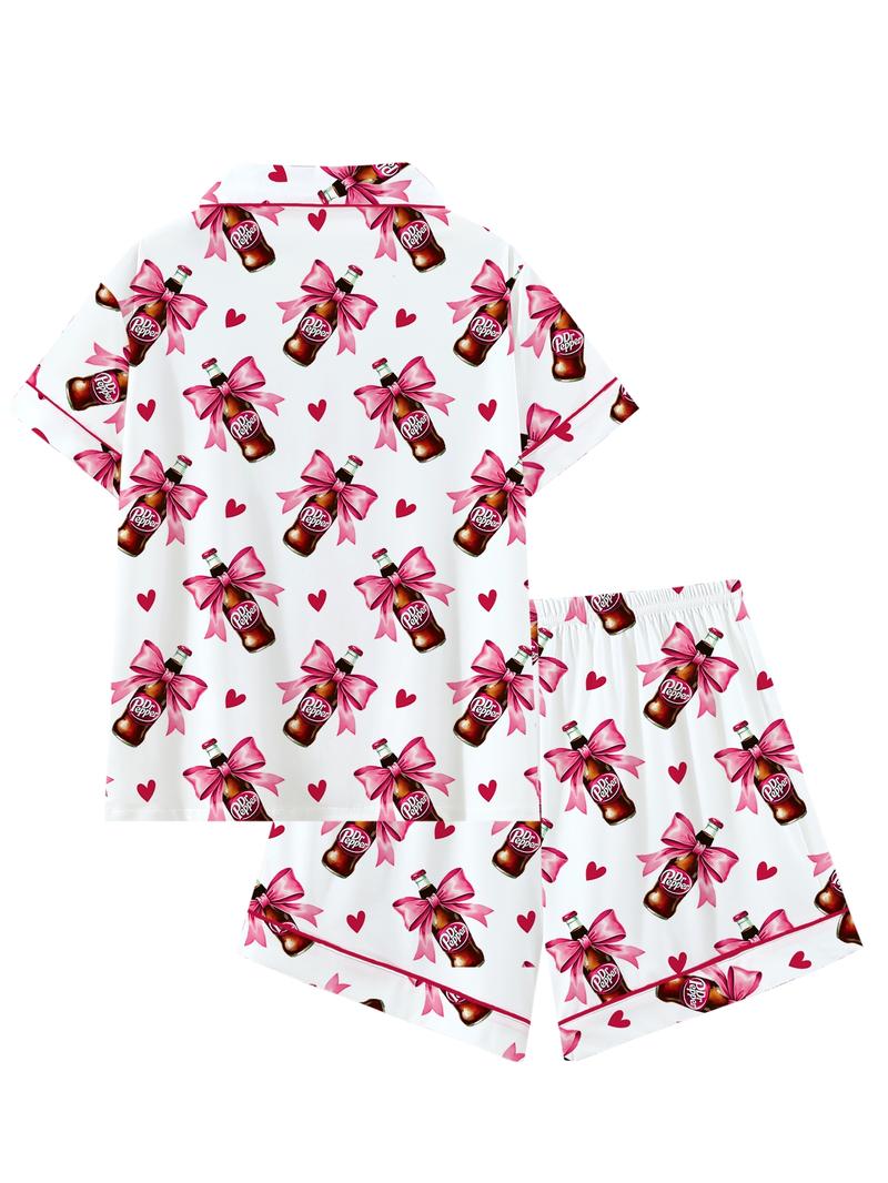 Teen Dr Pepper Collar Short Sleeve Pajama Set, Comfortable Sleepwear, All-Season Loose Fit, Animal Pattern, Perfect Gift