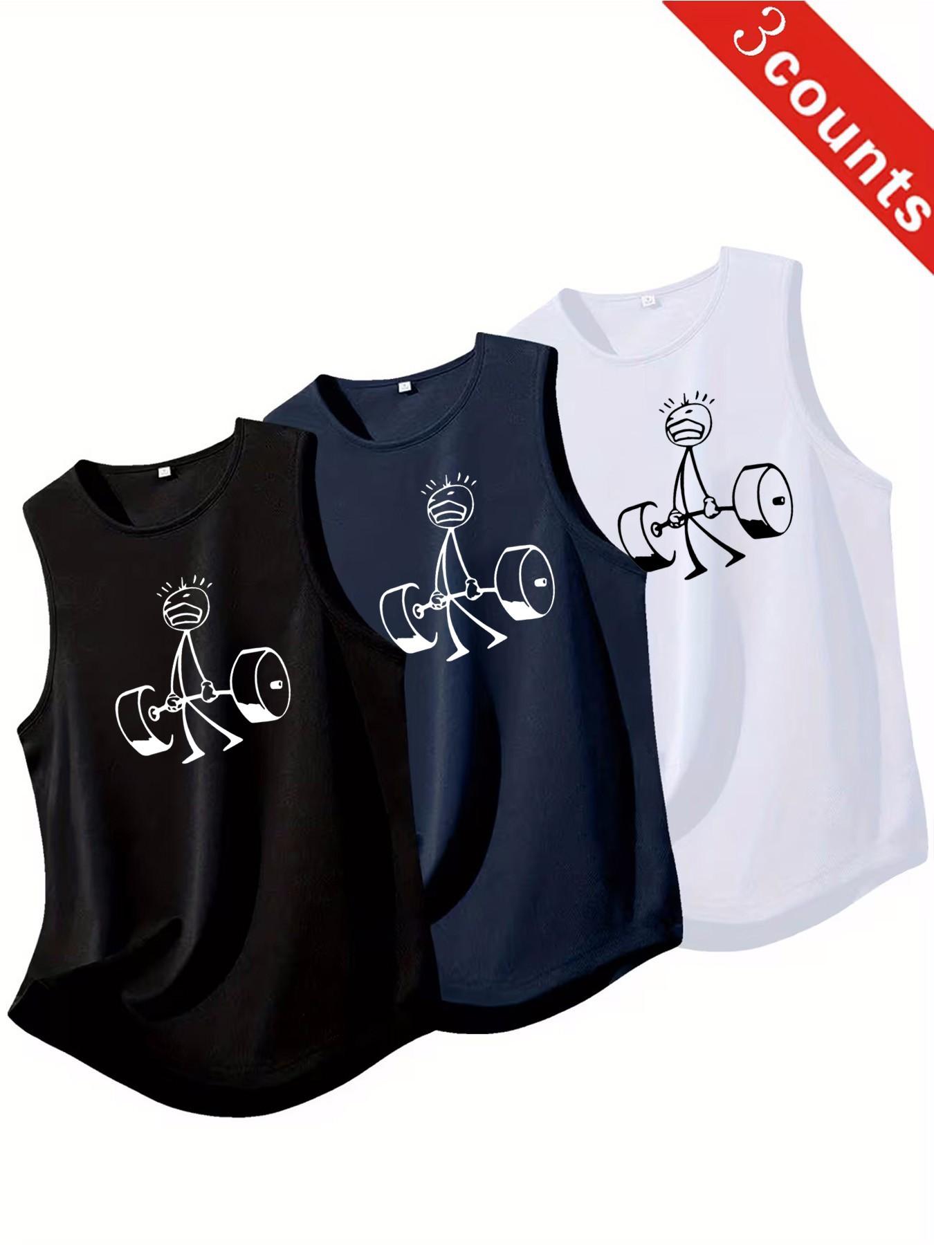 3-Pack Men's Funny Weight Lifting Stickman Print Tank Tops, Casual Sleeveless Gym Shirts, Breathable Athletic Workout Tops for Fitness