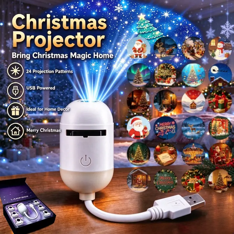 【Black Friday】USB Christmas Projector Light with 12/24 Patterns, Indoor Decoration Light for Bedroom Party, Ideal Christmas Gift for Family Kids Friends, Decorative Atmosphere Lighting
