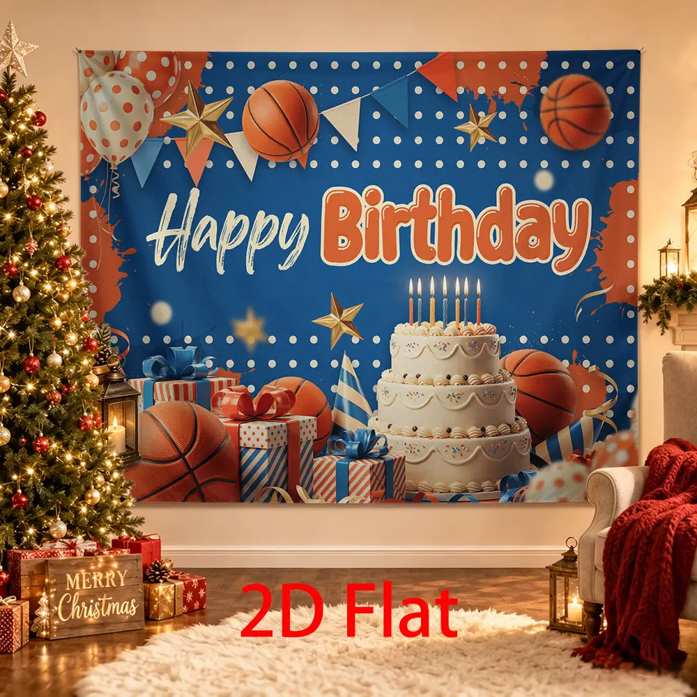 Basketball Birthday Backdrop, Blue Orange Sports Party Photo Background with Cake, Balloons, Gifts and Stars