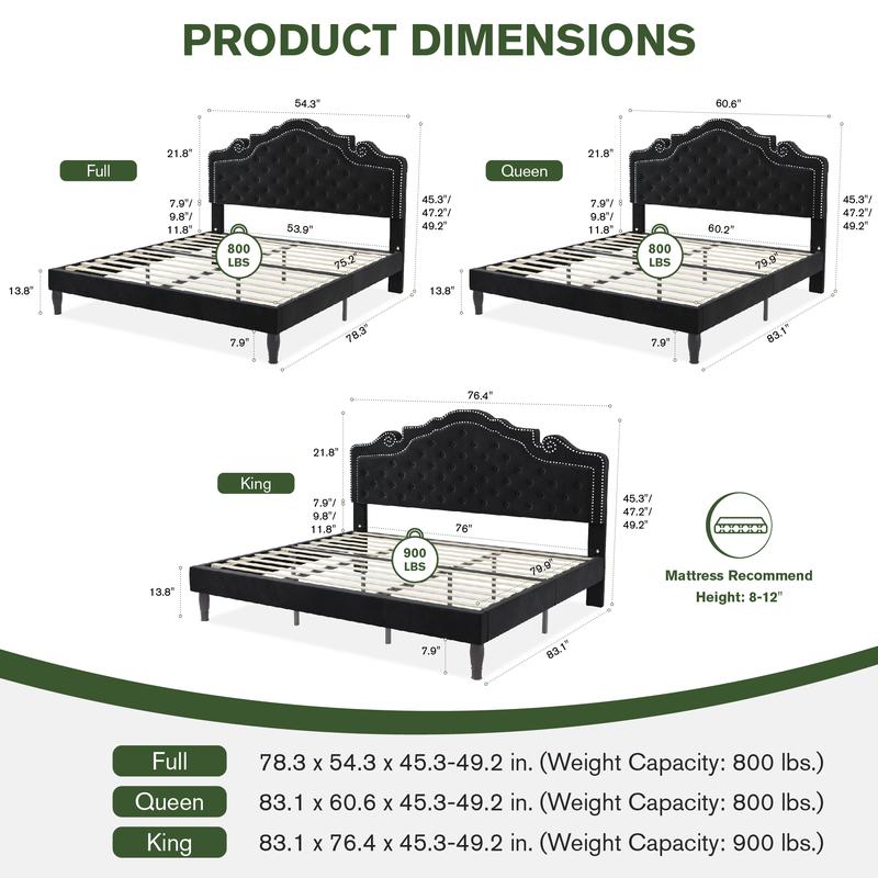 MUTICOR Royal Style Bed Frame with Adjustable Velvet Tiara Headboard【Frame Only No Mattress】 Upholstered Button Tufted Design,Wood Slats Support, No Box Spring Needed，Full/King/Queen Bed Frame #TikTokShopBlackFriday #ChristmasGifts