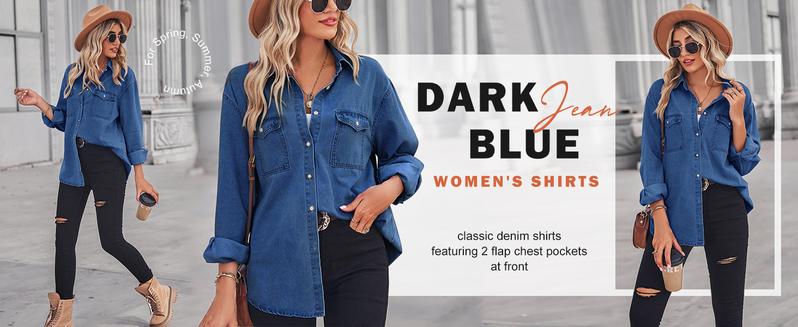 Chouyatou Women's Spring Long Sleeve Denim Jean Shirts Button Down Shirt Business Casual Tops