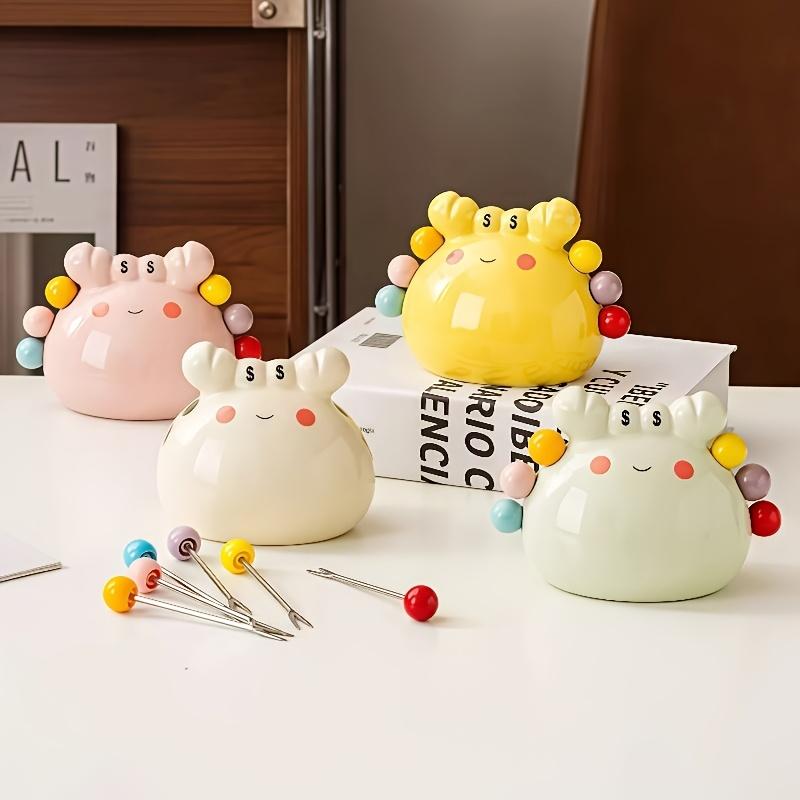 1 piece set, fruit fork box with 6-fork ceramic crab storage tank, stainless steel dessert fruit fork, portable dessert tableware.
