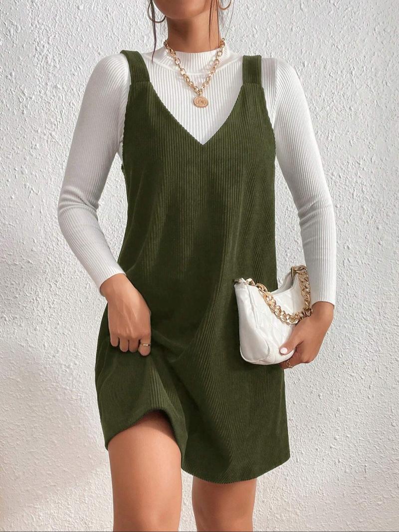 Women's Solid Color Corduroy Vest Dress without Sweater, Casual Sleeveless Straps Short Dress for Daily Wear, Ladies Clothes for All Seasons