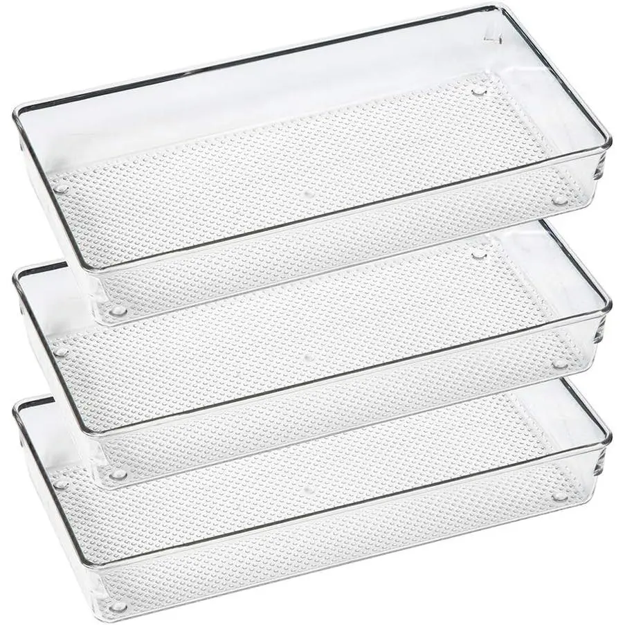 3 Pack Large Clear Plastic Drawer Organizer Tray Cutlery Utensil Makeups Drawer Organizers 12" X 6"