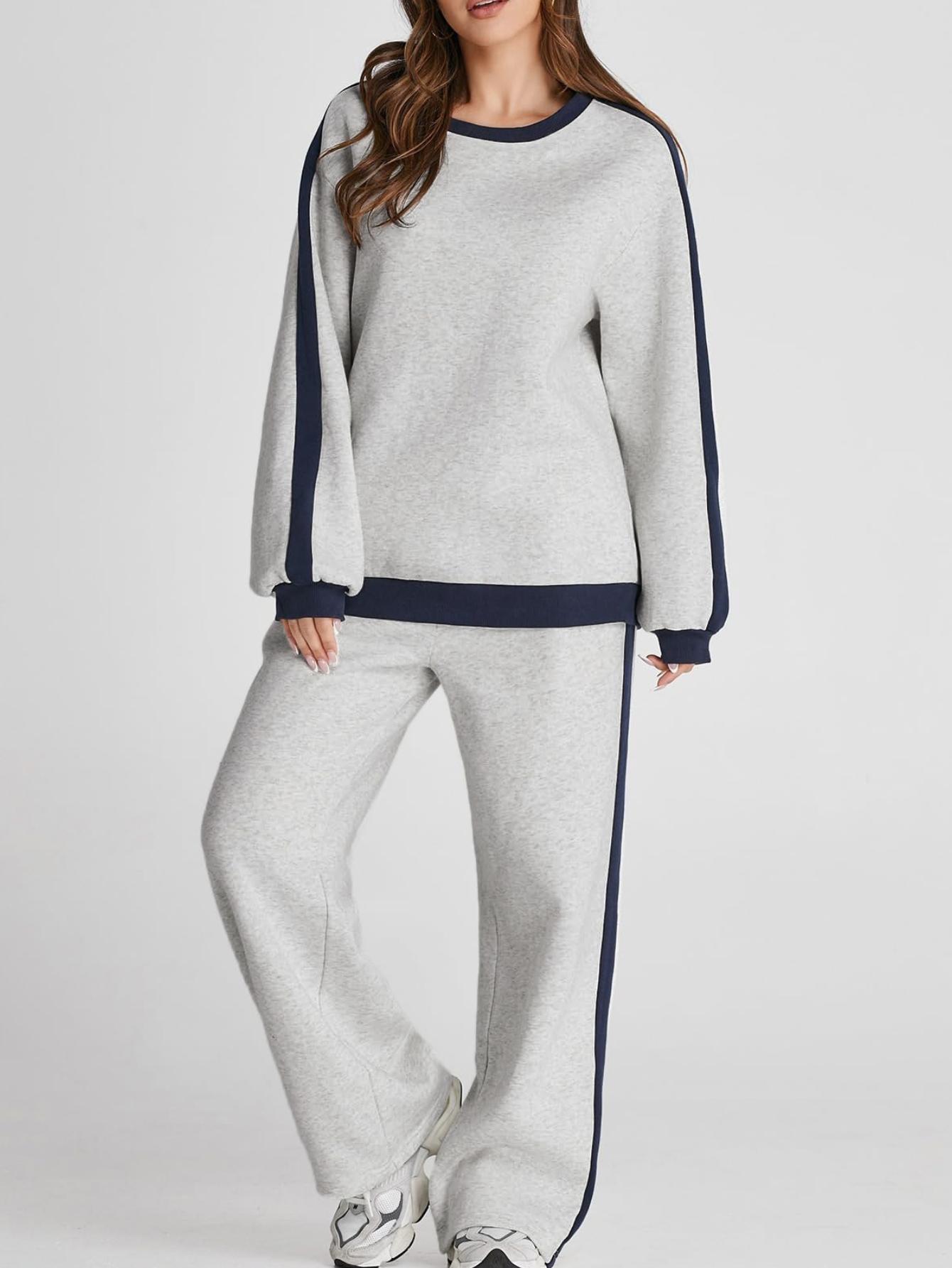 Women's Color Contrast Patchwork Causal Jogging Suit Set,Crew Neck Long Sleeve Top & Straight Trousers Set,Fashion Sweatshirt suit