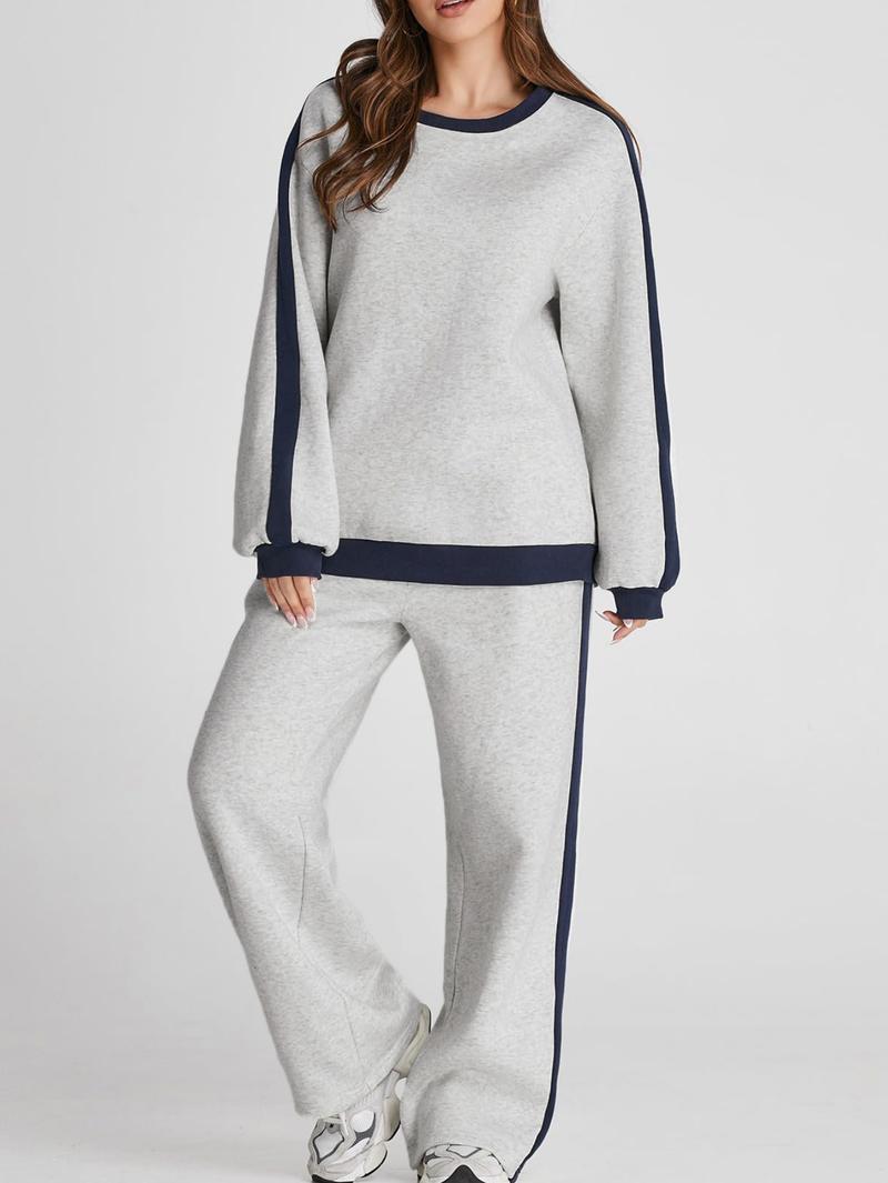 Women's Color Contrast Patchwork Causal Jogging Suit Set,Crew Neck Long Sleeve Top & Straight Trousers Set,Fashion Sweatshirt suit