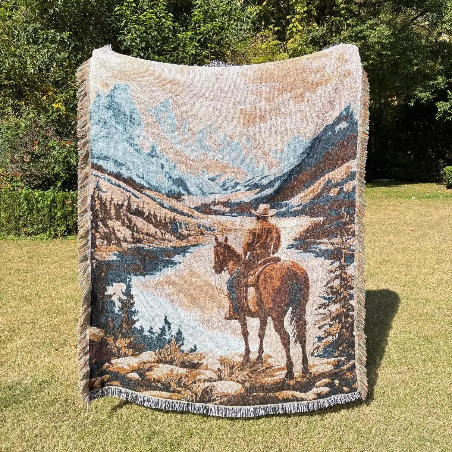 west cowboy Pattern Design Bohemian Bed Blanket - Yarn Thick Breathable with Tassels for Home Decor Sheet Living Shawl Tapestry Yoga Couch Sofa Chair Tablecloth Garden Office Travel Outdoor Camping Picnic Not Printed No Faded No Pilling