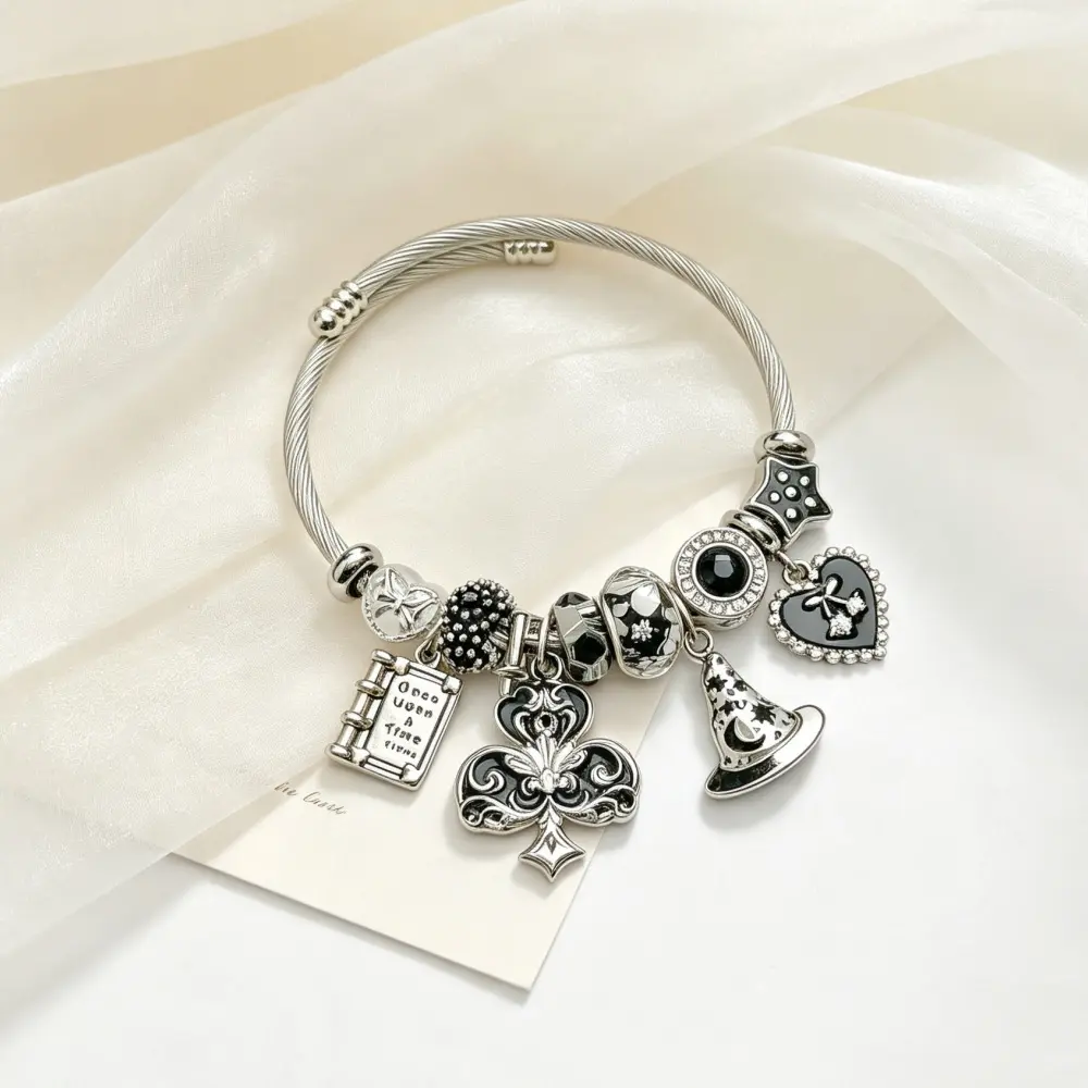 Women's Dark Magic-Themed Bracelet – DIY Adjustable Bracelet with Large-Hole Beads (Wizard Hat, Magic Book, Spades & Hearts)