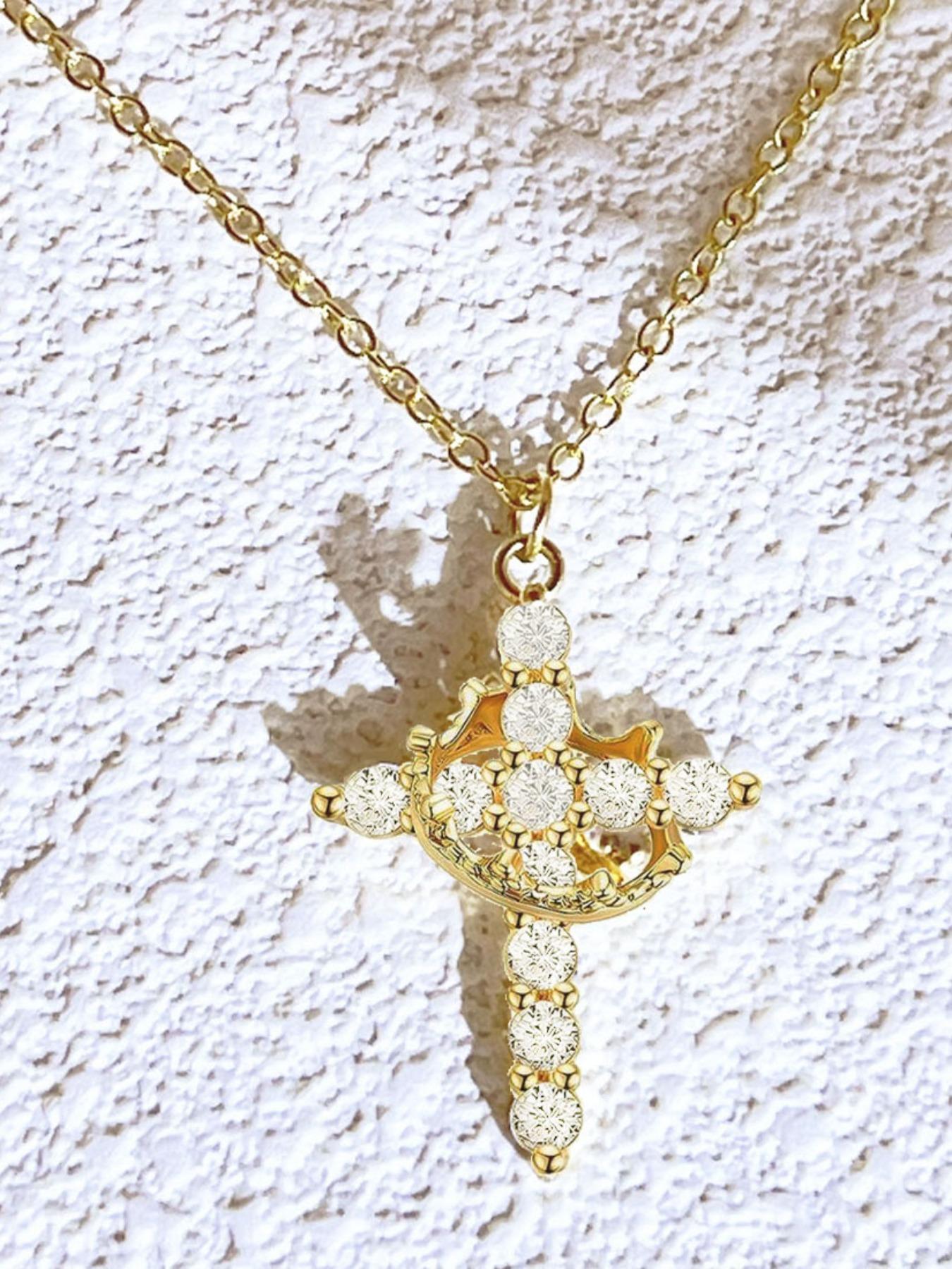 Elegant Rhinestone Cross Pendant Necklace, Fashionable Women's Jewelry, European Style Trendy Accessory, Versatile Lockbone Chain
