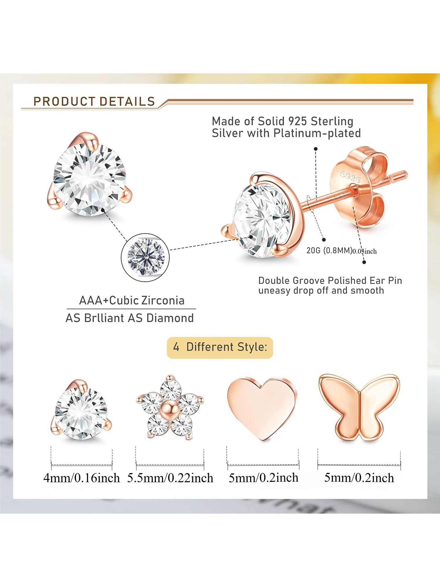4 Pairs Silvery Stud Earrings Set for Women Heart CZ Butterfly Flower Stud Earrings Hypoallergenic Cubic Zirconia Cartilage Earrings Set