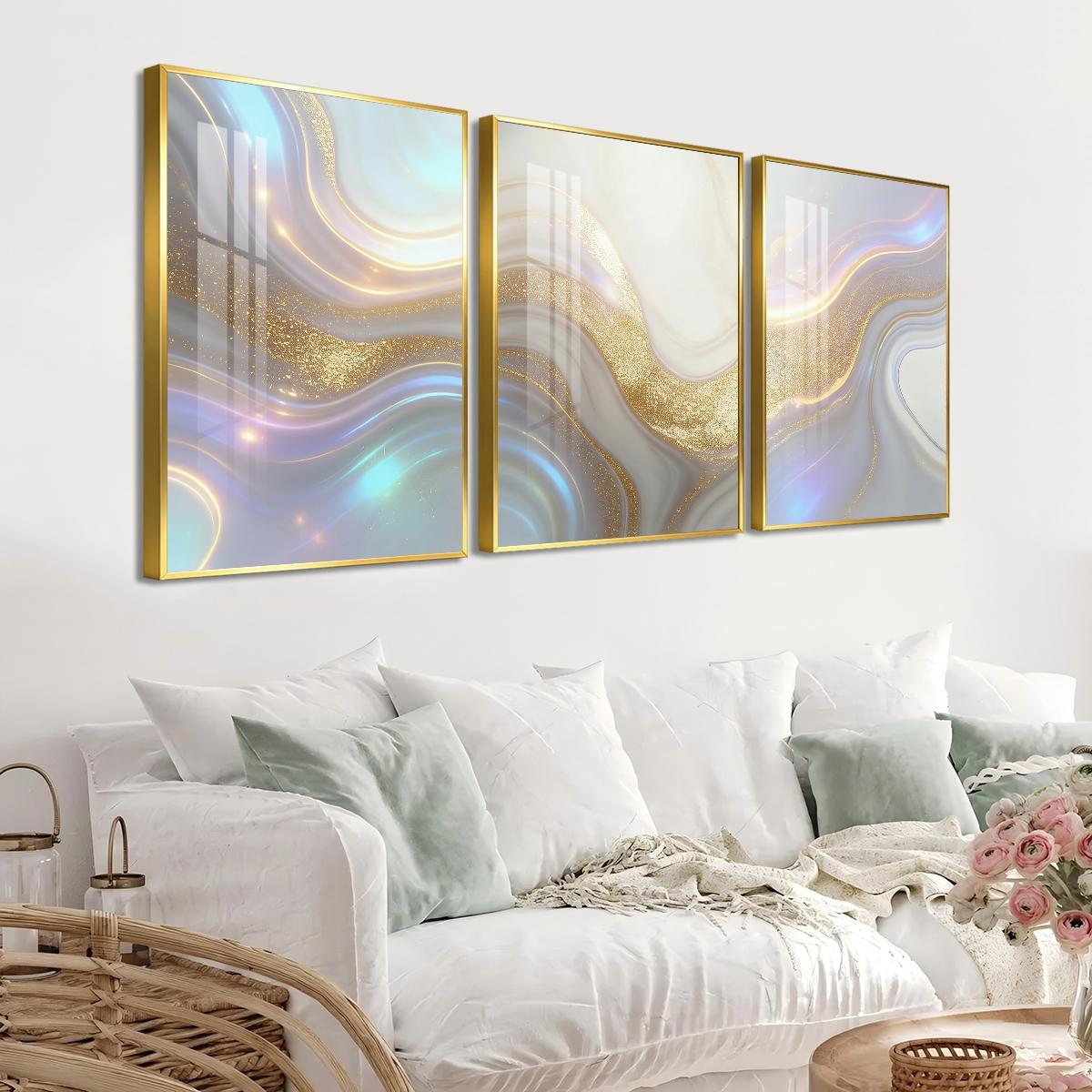 3 Counts Aluminum Alloy Framed Painting, Abstract Golden And Silver Fluid Art Pattern, Home Decoration For Living Room, Bedroom, Office, Restaurant, Hallway Wall Decor, Odorless Print Artwork, Luxury Perfect Gift For Friends And Family