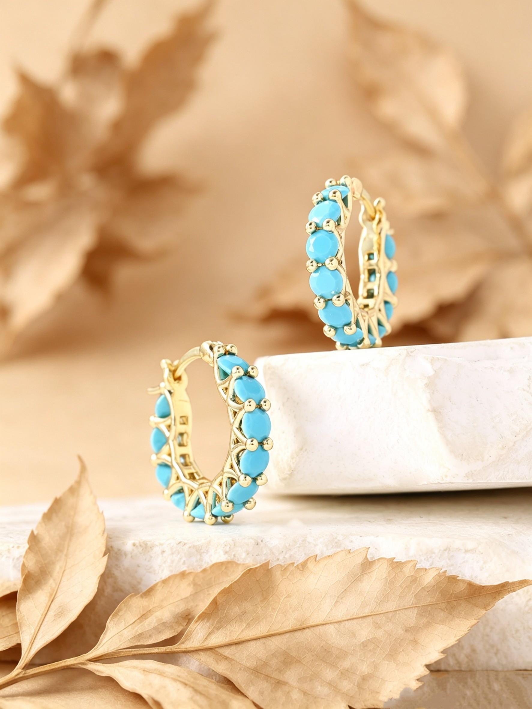 Vintage Round Earrings, Unique Design Lake Blue Stone Studs, Daily Wear Beach Vacation High-End Jewelry, Elegant and Stylish Accessories