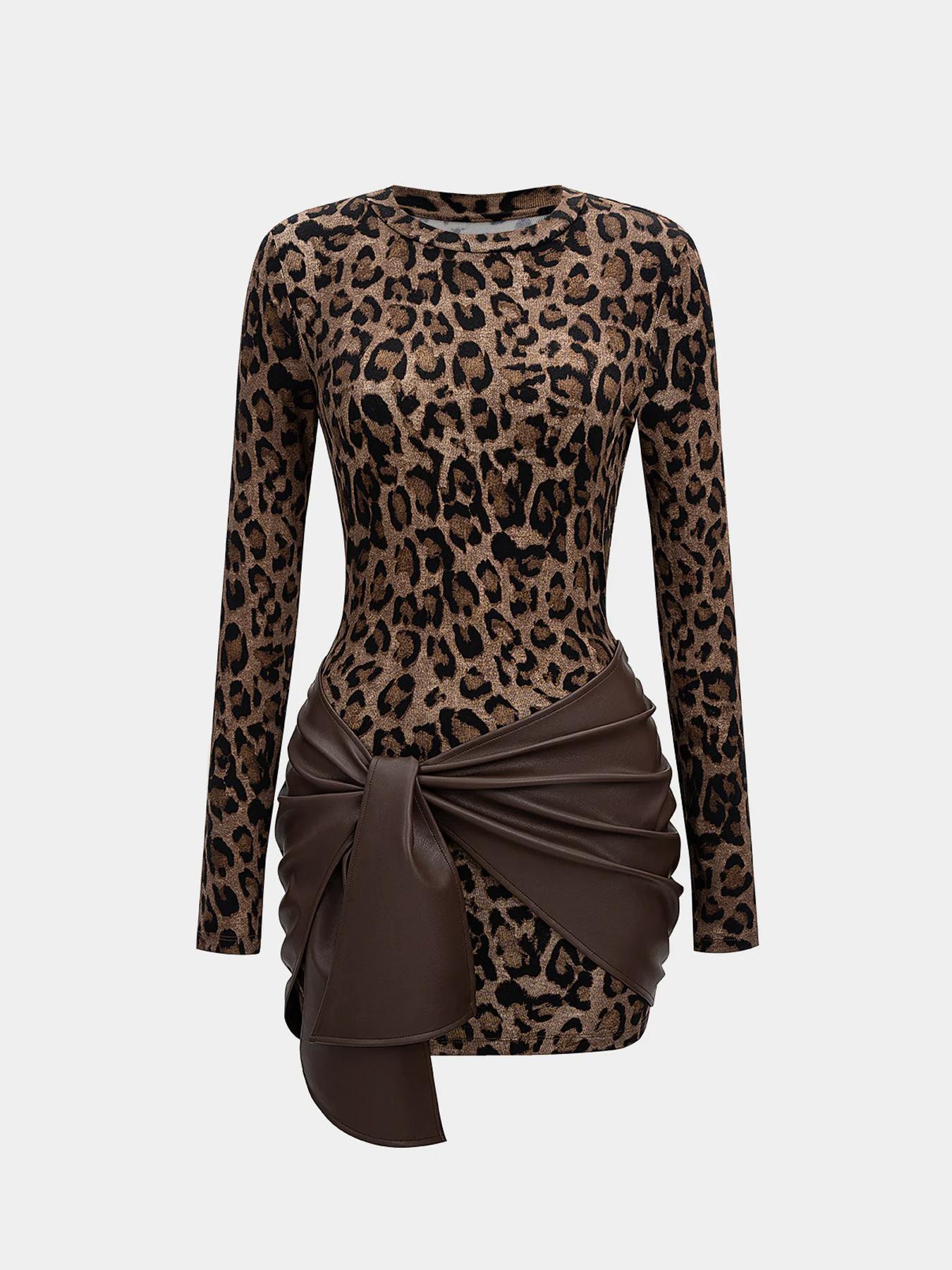 Women's patchwork knotted side ruched long-sleeved mini dress Casual Wear