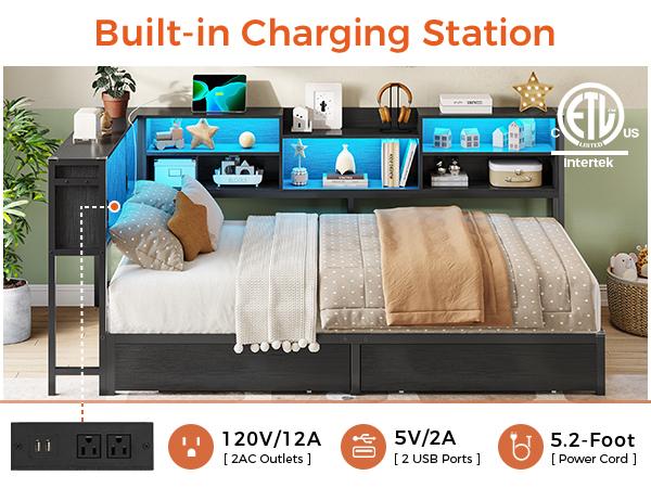 Hasuit Twin Corner Bed Frame with Storage Bookcase, Twin Size Daybed with 2 Underneath Storage Drawers, Kids Bed Unit with Charging Station and LED Light, Modern Teenagers Bedframe