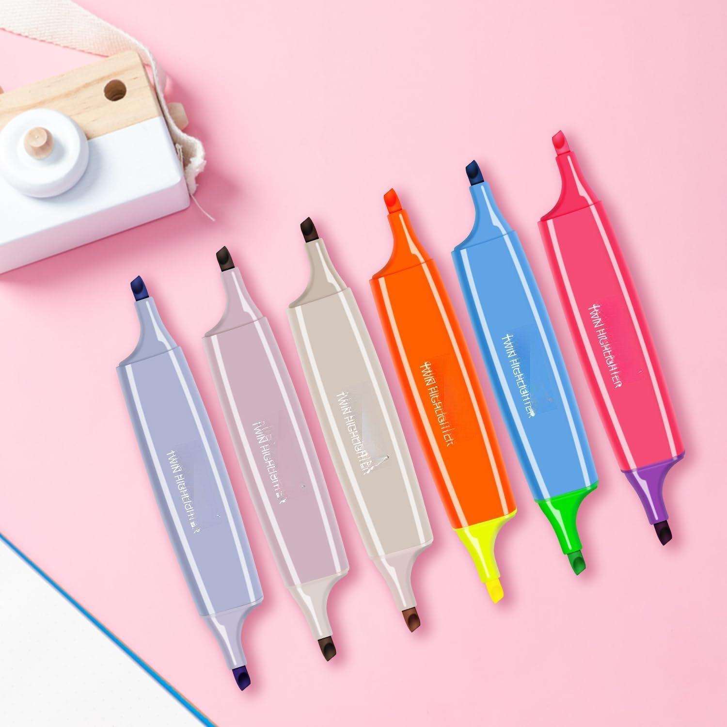 6 count Highlighters Aesthetic  Highlighters,12 Assorted Colors Pastel Highlighter, 2 in 1 Dual Tip  Highlighter No Bleed,Chisel Tip Marker Pens for Office Supplies