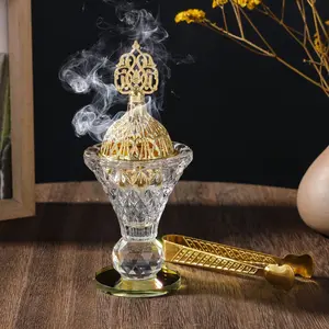 1PC Middle Eastern Style Incense Burner with Golden Base, Arabic Crystal Glass Candlestick, Party Decorative Ornament, Home Fragrance Decor