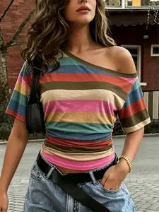 Women's Casual Striped Colorblock Off-Shoulder Slim Fit Short Sleeve T-Shirt, Summer Fashion, Multicolor Options, Perfect for Daily Wear
