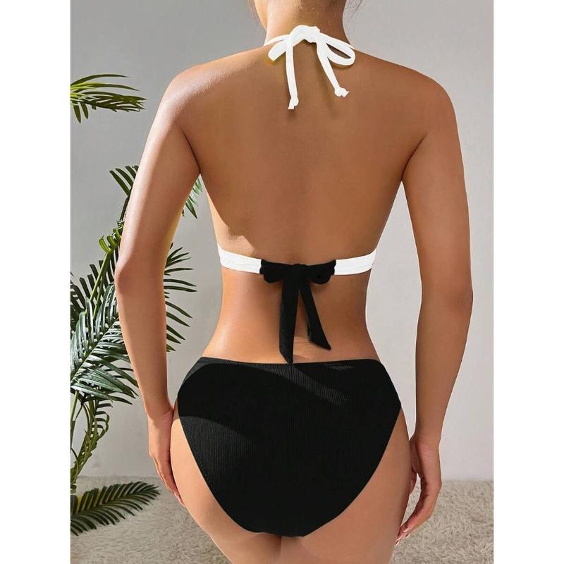 Women’s Two Piece Bikini Swimsuit, Contrast Color Patchwork Modern Clean Line Design Comfort Slim Fit UPF UV400 Protection Swimwear for Summer Beach Pool Tropical Vacation