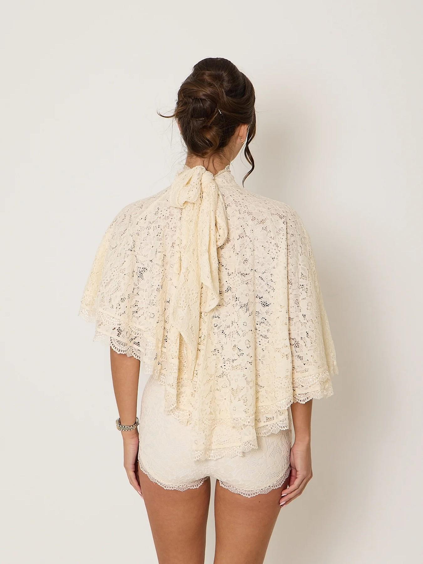 Cream Lace Half-Neck Cape Short Sleeve Top, Loose Batwing Sleeves, French Style, Chic, Versatile for Multiple Occasions