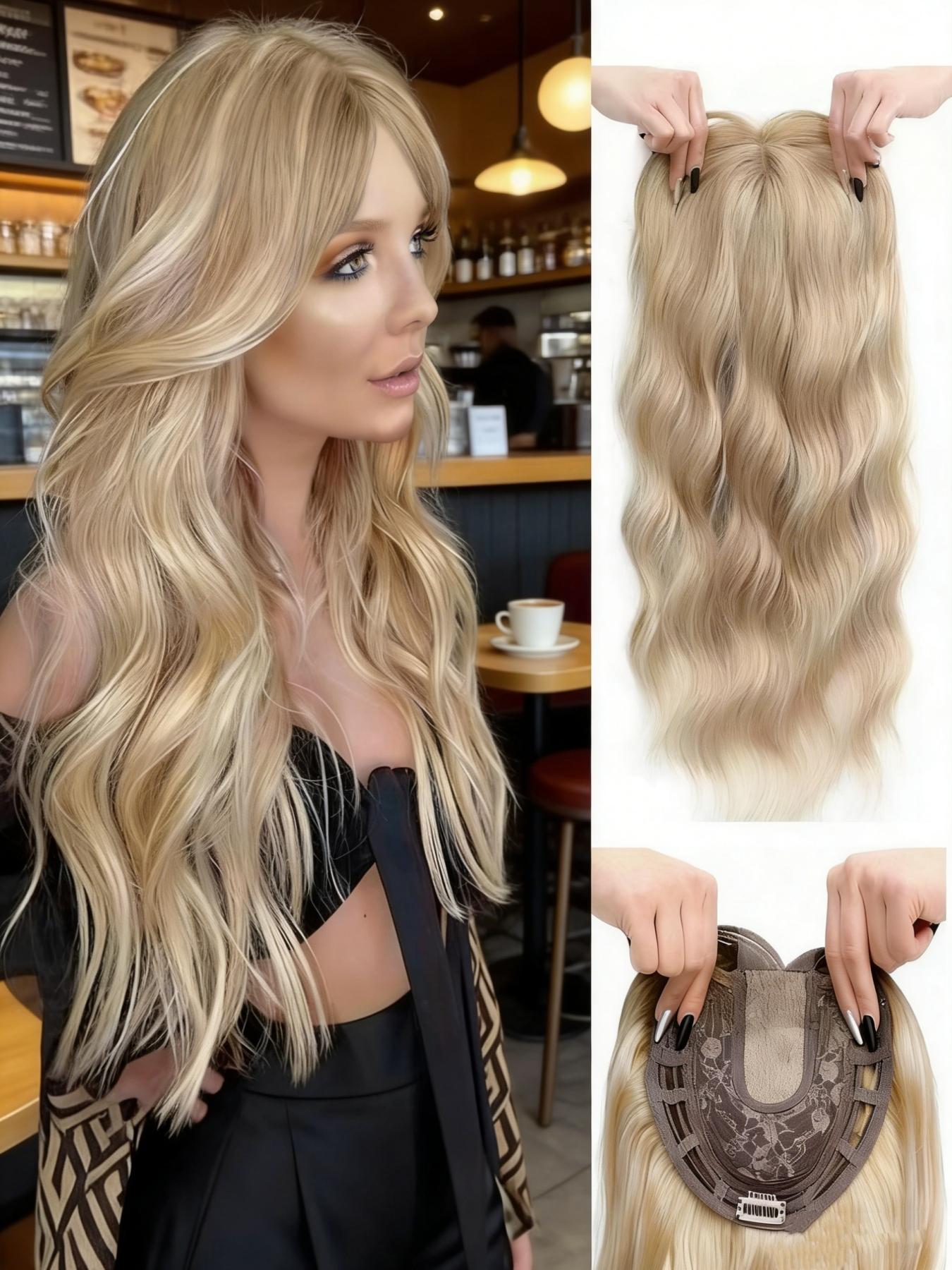 🔥 No More Bad Hair Days! 22" Dark Brown Wavy Clip-In Hair Topper, Invisible Lace Base, Premium Synthetic Hair, Seamless Blend for Thinning Hair & Instant Glam!