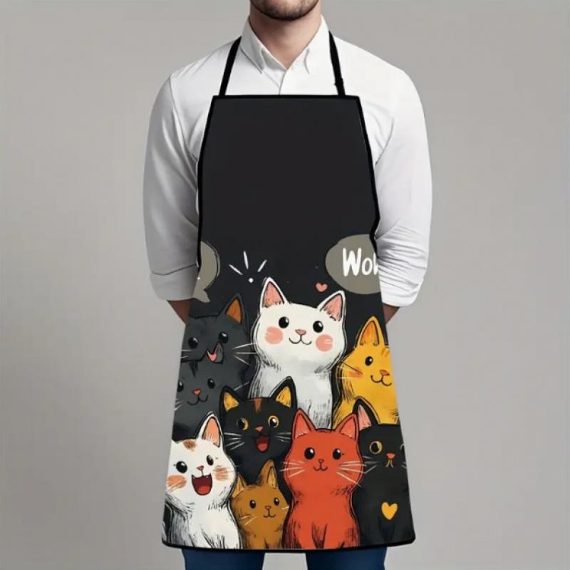 1pc Cute Cat Print Apron - Durable Polyester, Adjustable Neck Strap, Ideal for Kitchen & Dining Use, Black with Colorful Cat Illustrations, Kitchen Apron|Playful Design|Adjustable Apron
