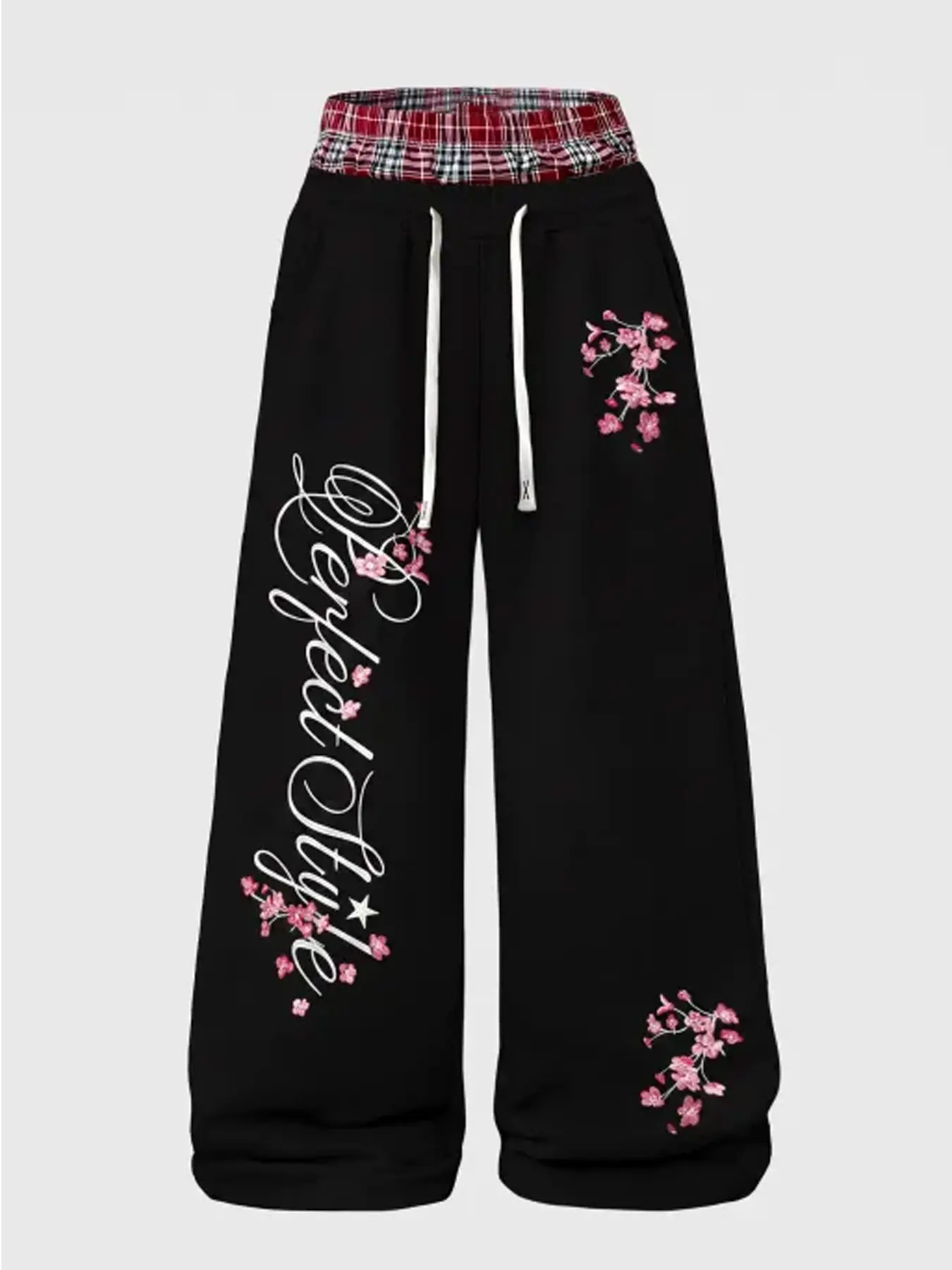 Y2K Double Layer Waist Wide Leg Sweatpants, Drawstring Streetwear Joggers, Cherry Blossom Print, Casual Long Pants for Spring Fall